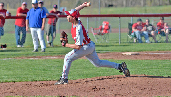 Symmes Valley Vikings’ pitcher Trent Thompson threw a one-hitter in a 10-0 win over the Sciotoville East Tartans on Wednesday in a Southern Ohio Conference game. (Kent Sanborn of Southern Ohio Sports Photos.com)