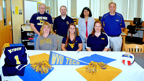 South Point Lady Pointers’ Brianna Whaley signed a letter-of-intent to play volleyball at West Virginia Tech. Attending the ceremony were: seated from left to right, mother Jonda Whaley, Brianna and Tech head coach Jaclyn Buchanan; standing from left to right, grandfather Bill Collins, South Point head coach Allen Perry, South Point principal Jayshree Shah and athletic director Dave Adams. (Kent Sanborn of Southern Ohio Sports Photos.com)