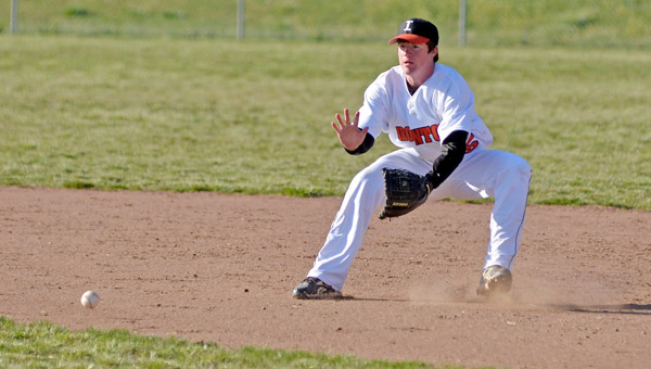 Ironton Fighting Tigers’ second baseman Sean Lawless sets up to field a ground ball. Lawless had a hit in a 4-3 win over River Valley in Saturday’s second game after five innings in a 1-0 first game win over Chesapeake. (Kent Sanborn of Southern Ohio Sports Photos)