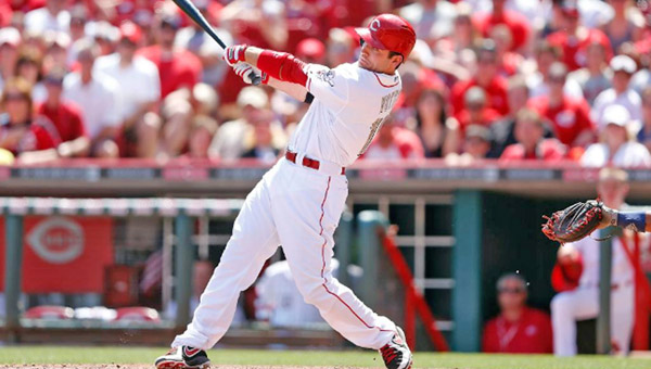 Cincinnati first baseman Joey Votto connects on a two-run homer in the eighth inning that snapped a 2-2 tie and lifted the Reds over the Cleveland Indians 4-2 on Monday. (Photo Courtesy of The Cincinnati Reds.com)