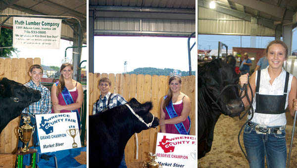 (LEFT) Noah Lambert (left) took the grand champion prize at the market steer show Wednesday at the Lawrence County Fair. Fair Queen Skye Barnett (right) presented Lambert with his trophy. Lambert also won the junior showmanship award, earning him a spot in the showman of showmen contest Friday. (CENTER) Jonathan Kouns stands with Fair Queen Skye Barnett after taking the market steer reserve champion prize. (RIGHT) Ann-Michal Dyer, 15, of South Point, won the senior steer showmanship contest Wednesday evening at the Lawrence County Fair.