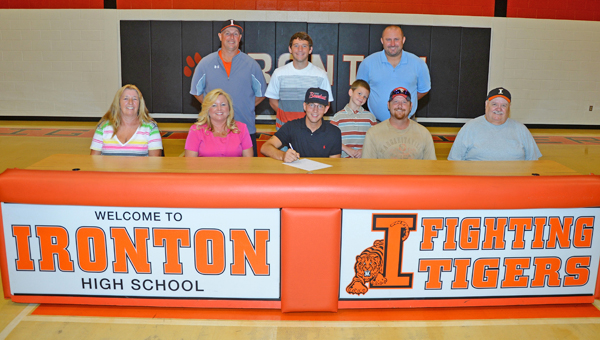 Ironton Fighting Tigers’ senior baseball standout Steven Easterling signed a letter-of-intent to play at Shawnee State University. Attending the signing ceremony were: seated from left to right, grandmother Cindy Stacy, mother Pamela Stacy, Steven, father Steve Easterling and grandfather Freddie Easterling; standing from left to right, Ironton head coach Larry Goodwin, brother Aiden Easterling, and Shawnee State assistant coach Chris Moore. (Kent Sanborn of Southern Ohio Sports Photos)