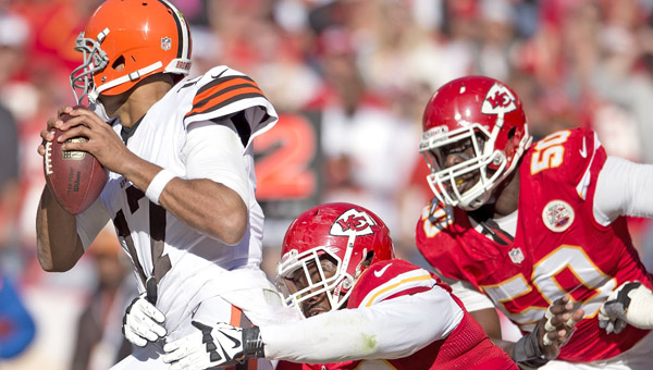 Kansas City Chiefs nose tackle Dontari Poe (92) pressures Cleveland Browns quarterback Jason Campbell (17) in the fourth quarter, Sunday at Arrowhead Stadium in Kansas City, Missouri. The Chiefs won 23-17. (MCT Direct Photo)
