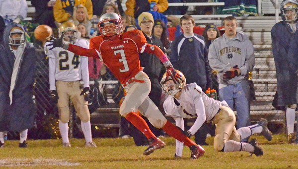 Symmes Valley Vikings’ Tyler Hupp (3) reaches to knock away a passing attempt during Friday’s SOC game against Portsmouth Notre Dame. (Courtesy of Robert S. Stevens of The Gold Studio in Ironton)