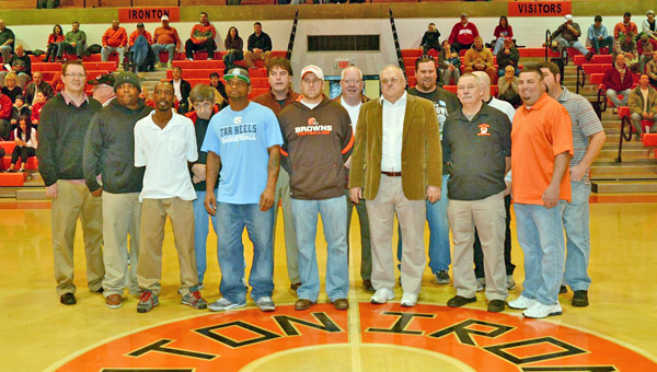 Members of the 1993-94 Ironton basketball team gather for the 20th anniversary of their Final Four season, from left to right, Tom Kelley, Paul Fugitt, Jeremon Jackson Marq Davis, bookkepper Dave Hairston J.J. King, Charlie Kitchen, Mike Freeman, Buck Foglesong, Phil Rice, Troy Sands, Greg Arden, chaplain Steve Harvey, Patrick Mahlmeister and Mark White. Unable to attend were Sean Southers, Ryan Guthrie, Travis Wylie, Cary Williams and Jason Click. Deceased was Damon Pringle. (Tony Shotsky of Southern Ohio Sports Photos)