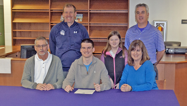 Chesapeake Panthers’ senior golfer Drew Oxley signed a letter-of-intent to play for Shawnee State University. Attending the signing ceremony were: seated from left to right, father Delbert Oxley, Drew, and mother Kimberly Oxley; standing from left to right, Shawnee State assistant coach David Hopkins, sister Madison Oxley, and Chesapeake head coach Terry Kimball. (The Ironton Tribune / Jimmy Walker)
