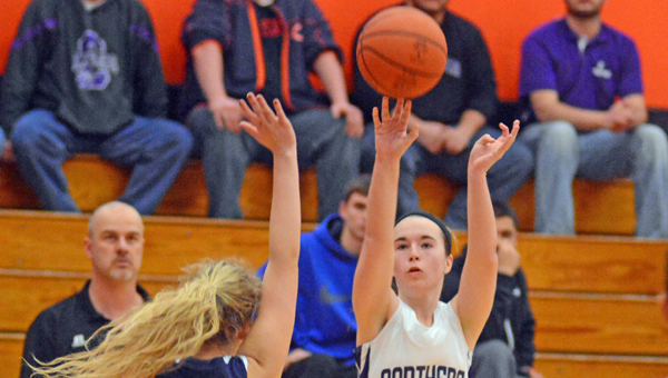 Chesapeake’s Huff (11) hits a jump shot in the fourth quarter but the Lady Panthers lost 54-36 to Wellston in the Div. III district semifinals Monday. (Kent Sanborn of Southern Ohio Sports Photos)