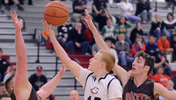 Coal Grove Hornets’ guard Sean Paulus (12) drives inside and scores against the Nelsonville-York defense Friday. Paulus had 10 points as the Hornets won 52-47 in overtime to win the sectional title. (Kent Sanborn of Southern Ohio Sports Photos)