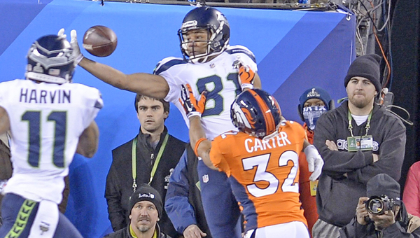 Seattle Seahawks' wide receiver Golden Tate (81) catches a pass against the Denver Broncos in the second quarter of Super Bowl XLVIII at MetLife Stadium in East Rutherford, N.J., on Sunday. Seattle won 43-8. (MCT DIrect Photo)