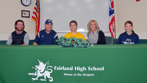 Fairland Dragons’ senior wide receiver Kyle Sowards signed a letter-of-intent Wednesday to play football at Alderson-Broaddus University. Attending the ceremony were: seated from left to right, brother Tanner, father Gary, Kyle, mother Trena and brother Reilly. (Kent Sanborn of Southern Ohio Sports Photos.com)