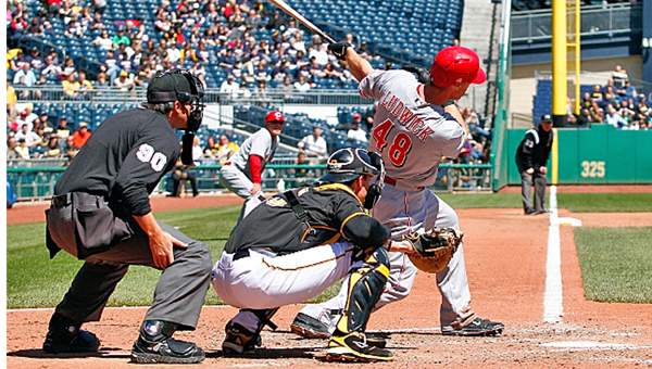 Cincinnati’s Ryan Ludwick (48) connects for a two-run double in the sixth inning as the Reds beat the Pittsburgh Pirates 2-1 on Thursday. (Photo Courtesy of The Cincinnati Reds)