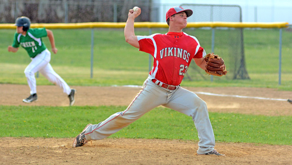 Symmes Valley junior pitcher Tanner Mays struck out 15 and gave up one hit in six innings as the Vikings beat Green 14-2 Monday in a Southern Ohio Conference game. (Kent Sanborn of Southern Ohio Sports Photos)
