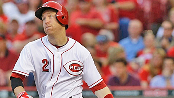Cincinnati Reds’ third baseman Todd Frazier doubles in the fourth inning of Tuesday’s game. The Reds lost to the San Diego Padres 2-1. (Photo Courtesy of The Cincinnati Reds)