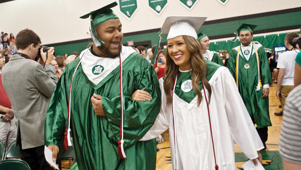 Graduates from Fairland High School are excited as they participate in the processional at the start of commencement exercises Friday.
