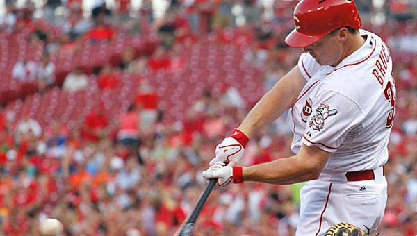 Cincinnati Reds’ rightfielder Jay Bruce doubles home Todd Frazier in the first inning of Tuesday’s game against the San Francisco Giants. It was Bruce’s 500th career RBI and helped the Reds beat the Giants 8-3. (Photo Courtesy of The Cincinnati Reds)
