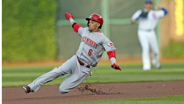 Cincinnati Reds' Billy Hamilton doubles to lead off the 1st inning against the Chicago Cubs' Jeff Samardzija at Wrigley Field in Chicago on Monday. Devin Mesoraco hit a grand slam in the ninth inning as the Reds won 6-1. (MCT Direct Photo)