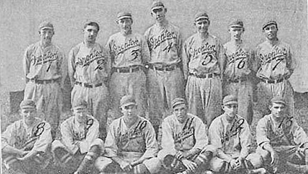 Members of the 1913 Ironton Nailers minor league baseball team were: front row from left to right, Taylor Farrell, Waldo Jackley, Floyd Cornwell, James Frost, Arch Osborne and Michael Whalen; second row from left to right, Alvin Nally, Arthur Long, Thomas Grieve, Bill Thompson, John Kendall, Guy McWhorter and Louis Schwab. (Photo Submitted)
