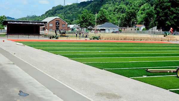 The field turf project is nearly completion at Ironton's Tanks Memorial Stadium. (Kent Sanborn of Southern Ohio Sports Photos.com)