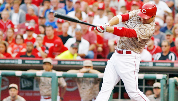 Cincinnati first baseman Joey Votto connects for a run-scoring double in the third inning Wednesday as the Reds beat the Los Angeles Dodgers 5-0. (Photo Courtesy of The Cincinnati Reds)