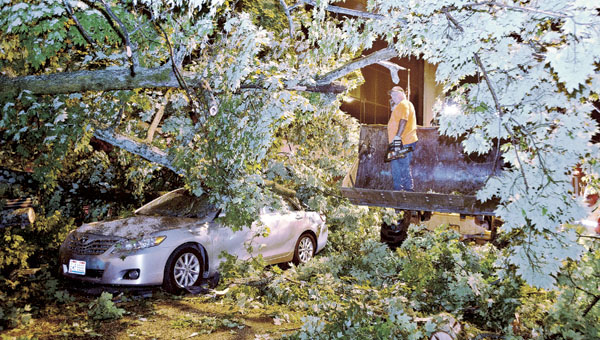 THE TRIBUNE/JESSICA ST JAMES Members of the City of Ironton street crew clear off a gigantic tree on Fifth Street in between the county jail and Lawrence County Courthouse following a storm Tuesday evening. One of the two vehicles hit by the tree was a Hanging Rock Police truck.