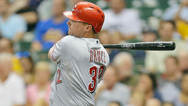 Cincinnati Reds’ outfielder Jay Bruce doubled home a run in the fourth inning of Tuesday’s game against the Milwaukee Brewers. The Reds tied game at 3-3 only to lose 4-3 in the ninth inning on a home run by Jonathan Lucroy, his second solo shot of the game. (Courtesy of The Cincinnati Reds.com)