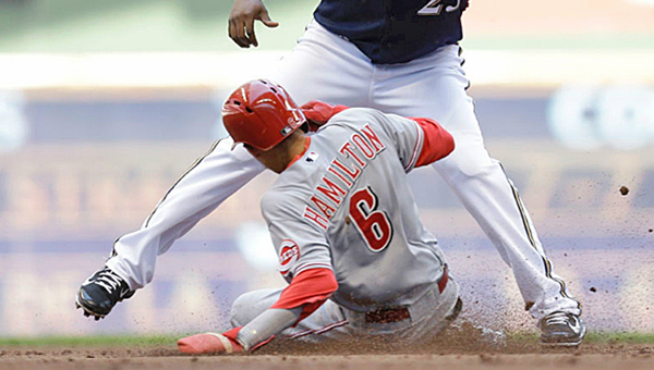 Cincinnati Reds’ Billy Hamilton (6) steals second base during the third inning of Wednesday’s game against the Milwaukee Brewers. The Reds lost their sixth straight adn fell five and one-half games behind the Brewers who won 5-1. (Courtesy of The Cincinnati Reds.com)