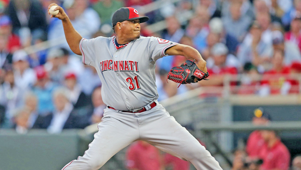 Cincinnati Reds’ pitcher Alfredo Simon delivers a pitch during Tuesday’s MLB All-Star Game. Simon was making his first all-star appearance. The American League beat the National League 5-3 and gained the homefield advantage for the World Series. (MCT Direct Photo)