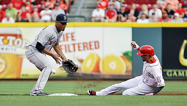 Cincinnati’s Billy Hamiton steals second base during the first inning of Tuesday’s game. Hamilton scored but the Reds lost to the Boston Red Sox 3-2. (Photo Courtesy of The Cincinnati Reds.Com)