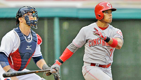 Cincinnati Reds’ Ramon Santiago watches as he hits a three-run homer in the second inning of Tuesday’s game. Santiago’s first home run of the season helped the Reds beat the Cleveland Indians 9-2. (Courtesy of the Cincinnati Reds.com)