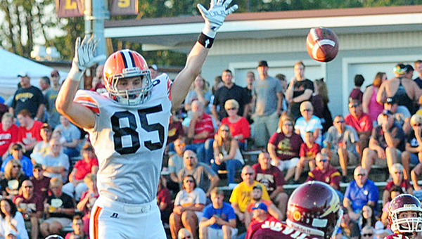Ironton Fighting Tigers’ defensive end Lucas Campbell (85) makes it difficult for Russell quarterback Jacob McKee (3) to complete his pass during last Friday’s game. Ironton plays at Amanda Clearcreek this Friday at 7 p.m. (Tony Shotsky of Southern Ohio Sports Photos)