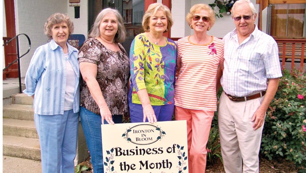 Pictured left to right are Fondalene Alfrey, docent; Juanita Dalton and Dianne Waggoner, of Ironton in Bloom; and Doris and Glenn Hannon, of the Ironton Garden Club. 
