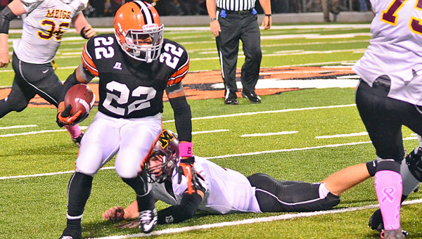 Ironton Fighting Tigers’ junior running back D’Angelo Palladino (22) has now rushed for 1,106 yards on the season through seven games. Ironton plays at unbeaten Division III Jackson on Friday. (Tony Shotsky of Southern Ohio Sports Photos)