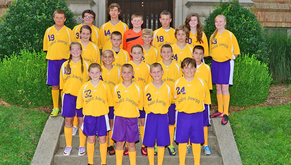 The St. Joseph Junior Flyers finished the 2014 soccer season 15-0. gteam members are: front row from left to right, Emma Whaley, Jackson Rowe, Vincent Keairns and Bryce Balestra; second row from left to right, Emilee Blankenship, Elli Williams, Kaitlyn Sheridan, J.C. Damron and Chase Willis; third row from left to right, Faith Mahlmeister, Zach Roach, Ethan Sheridan and Ethan Clark; fourth row from left to right, Max Weber, Dmitri Ward, Thaddeus Stone, Izsak Unger, Isaac Whaley, Maddy Whaley and Paige Preston. (Kent Sanborn of Southern Ohio Sports Photos)