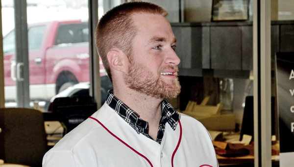 Cincinnati Reds’ catcher Tucker Barnhart talks with the media before Saturday’s Caravan stop at Fannin Motors in Ashland, Ky. Barnhart is looking to make the 25-man roster. (Kent Sanborn of Southern Ohio Sports Photos)