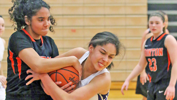 Ironton Lady Fighting Tigers’ Cheyenne Scott (left) and Chesapeake Lady Panthers’ Atiya Spaulding (5) fight for possession of the basketball during Thursday’s game. Ironton won 51-47. (Courtesy of Tim Gearhart of Tim’s News & Novelties of Ironton)