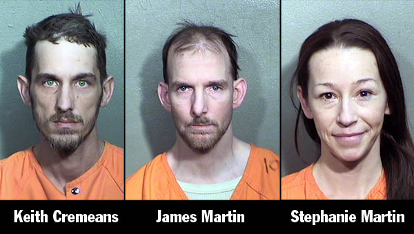 James E. Martin II, 39, Stephanie L. Martin, 42, and Keith P. Cremeans, 37, were stopped in a vehicle and all three has warrants out for their arrest.