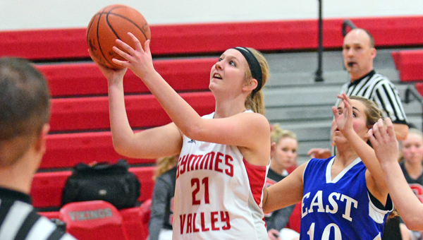 Symmes Valley Lady Vikings’ senior Kelsey Massie scores inside during Wednesday’s 58-8 Southern Ohio Conference win over the Sciotoville East Lady Tartans on senior night. (Kent Sanborn of Southern Ohio Sports Photos)