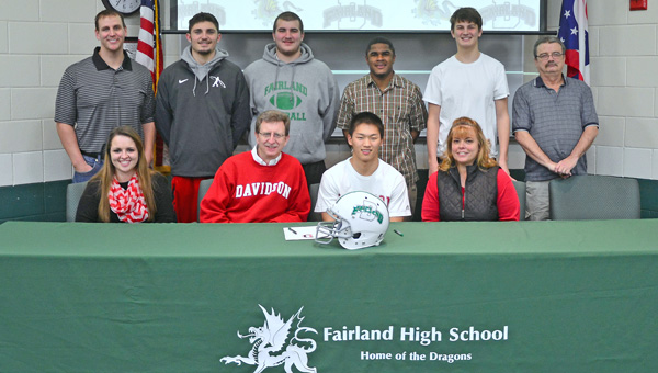 Fairland Dragons’ senior defensive back Nathan Campbell signed a national letter of intent Wednesday with the Davidson Wildcats. Attending the ceremony were: seated from left to right, sister Kamryn, father Jon, Nathan and mother Kenda; standing from left to right, Josh Petry, teammates Dylan Murphy and Tyler Campbell, Rashad Jackson, teammate Chance Short, and Clayton Dement. (Kent Sanborn of Southern Ohio Sports Photos)