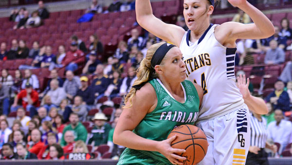 Fairland Lady Dragons’ Kelsey Riley (left) derives past Ottawa-Glandorf’s Elissa Ellerbrock (right) during Thursday’s Division III state semifinal game in the Schottenstein Center. Fairland fell to O-G 55-27. (Kent Sanborn of Southern Ohio Sports Photos)
