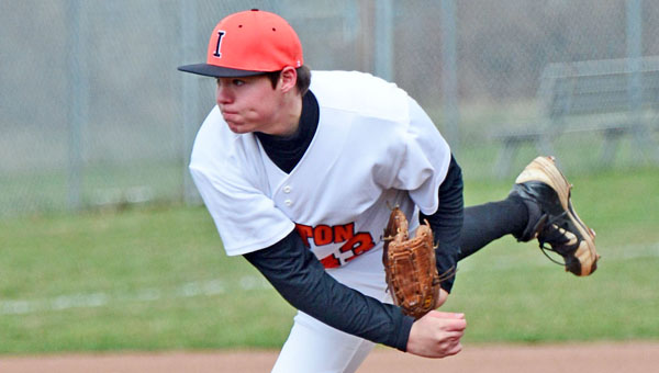 Ironton Fighting Tigers’ Cody Rawlins fires a strike as he picks up the victory in a season-opening win. Ironton beat St. Joseph 11-1 and downed Rock Hill 3-2 in the Mike Burcham Wood Bat Classic. (Kent Sanborn of Southern Ohio Sports Photos)