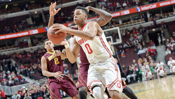 Ohio State’s D’Angelo Russell (0) scored 23 points as the Buckeyes beat Minnesota 79-73 in the Big Ten Tournament. (Courtesy of the Big Ten Conference.com)