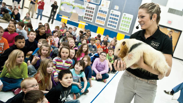 April Tausch, animal program specialist, gives Burlington Elementary School students a close look at a tamandua during a special presentation Friday by the Columbus Zoo.