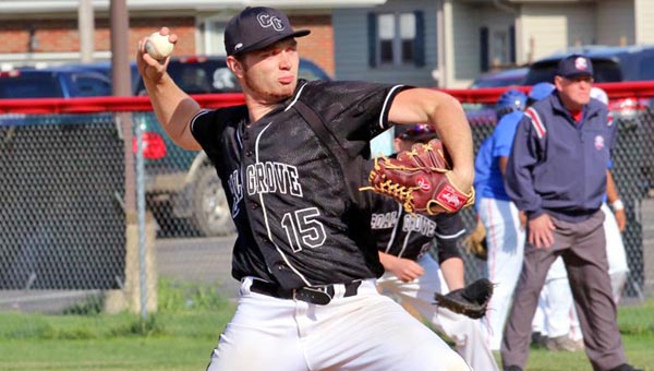 Coal Grove pitcher Jacob Pierce delivers a pitch during Wednesday’s 6-4 win over the Portsmouth Trojans in an Ohio Valley Conference game. (Kent Sanborn of Southern Ohio Sports Photos)