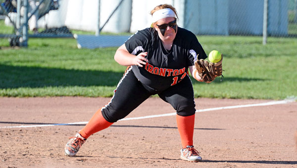 Ironton Lady Fighting Tigers’ Aley Carmon uses the tip of her glove to make a catch during Tuesday game. Ironton downed the Rock Hill Redwomen 5-3. (Kent Sanborn of Southern Ohio Sports Photos)