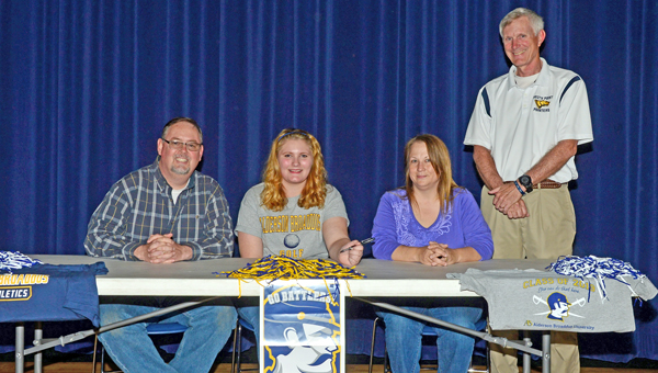 South Point Lady Pointers’ senior Barbara Collins signed a letter-of-intent Wednesday to play golf at Alderson-Broaddus University. Attending the ceremony were: from left to right, father John Stevens, Barbara, mother Shawna Stevens and Pointers’ golf coach Greg Jones. (Kent Sanborn of Southern Ohio Sports Photos)