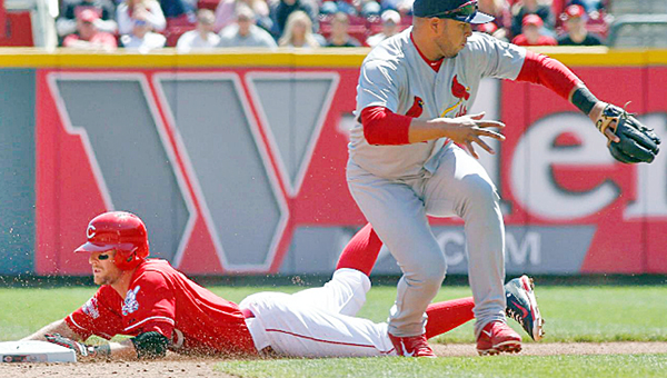 Cincinnati's Zack Cozart slides safely into second base with a fifth inning double during Saturday's game against the St. Louis Cardinals. Cozart had two hits but the Reds lost 4-1. (Courtesy of the Cincinnati Reds.com)