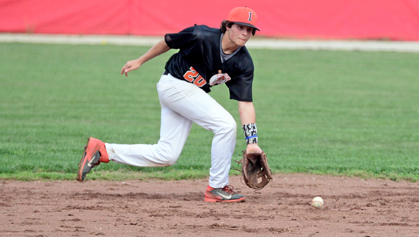Ironton Fighting Tigers’ shortstop Luke Diamond sets up to throw to first base. Diamond had three hits in a 5-4 win over Coal Grove. (Kent Sanborn of Southern Ohio Sports Photos)