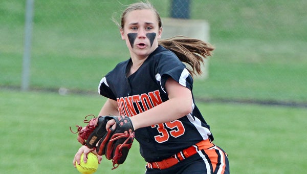 Kent Sanborn of Southern Ohio Sports Photos Ironton Lady Fighting Tigers’ shortstop Breanna Klaiber gets ready to throw out a runner. Klaiber hit two home runs but the Lady Tigers lost 7-4 in eight innings to Greenup County on Tuesday.