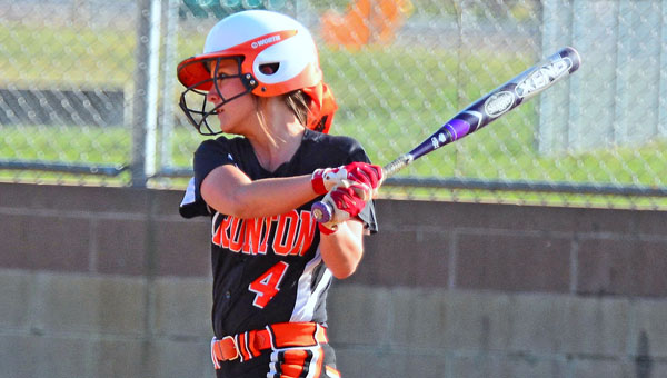 Ironton Lady Fighting Tigers’ Taylor Monk connects for a hit during Monday’s win over the Green Lady Bobcats. Ironton also beat Portsmouth on Tuesday in an OVC game. (Kent Sanborn of Southern Ohio Sports Photos)