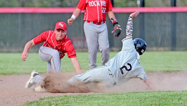 Coal Grove’s Jacob Clark (2) slides safely into second base ahead of the tag by Rock Hill’s Heath Carpenter during Monday’s OVC game. Coal Grove won 6-0. (Kent Sanborn of Southern Ohio Sports Photos)